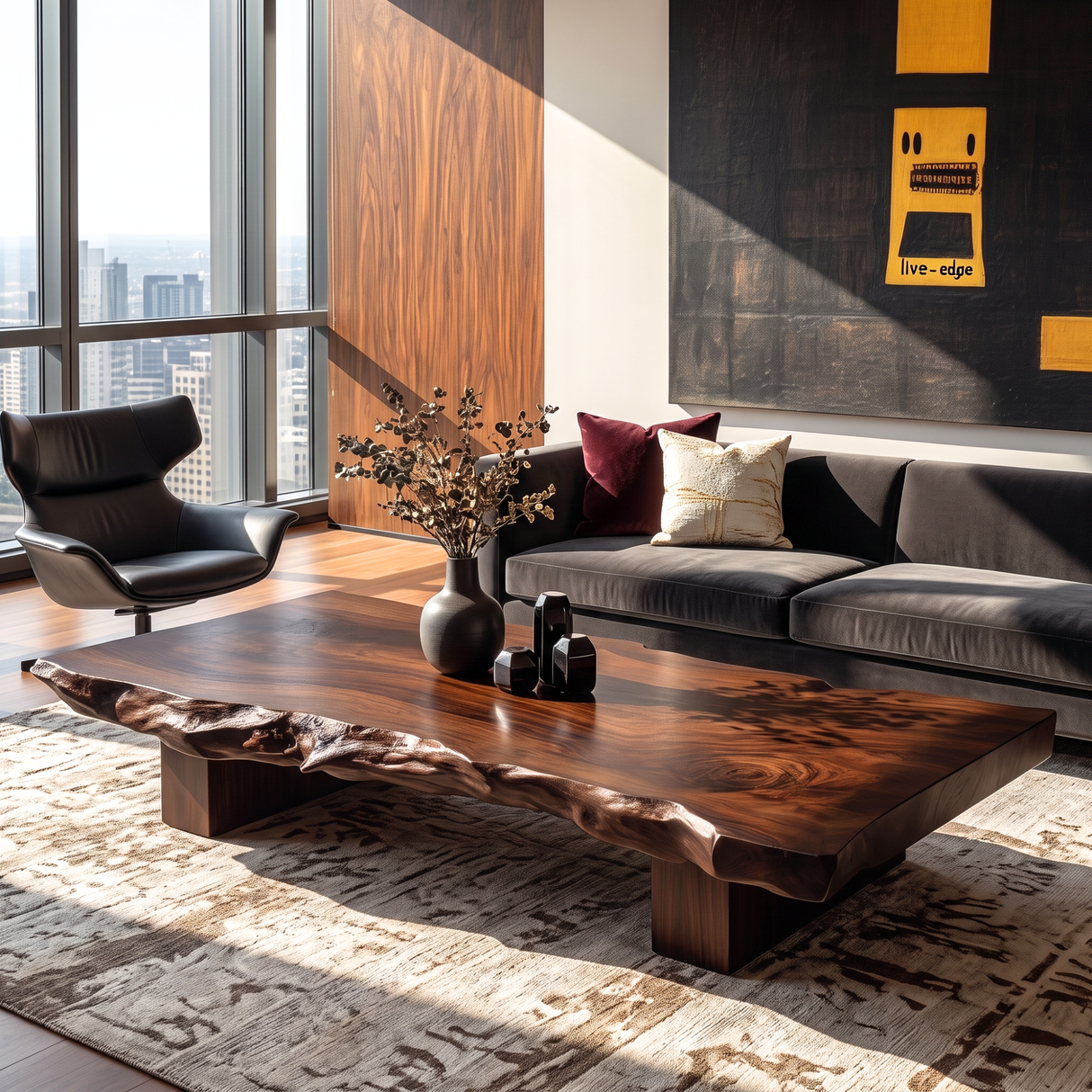 Coffee Table Solid Wood with Thick Live Edge Slab Top for Living Room