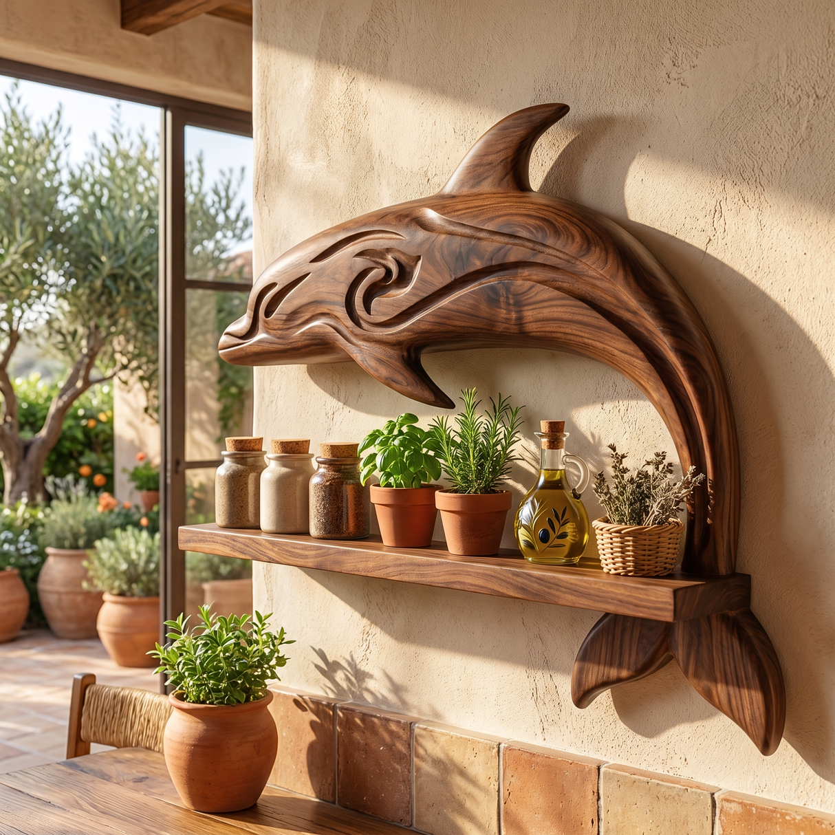 Solid Wood Dolphin Wall Shelf Spice Rack with Long Open Jar Display