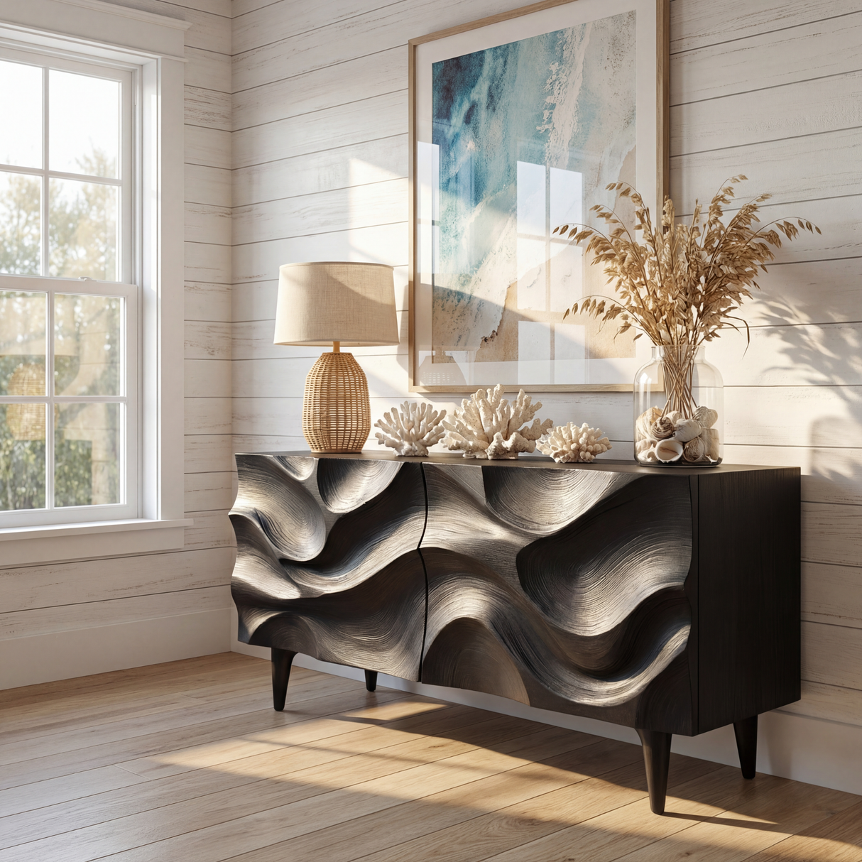 Sculpted Black Wave Front Wood Sideboard Cabinet for Living Room and Dining Room