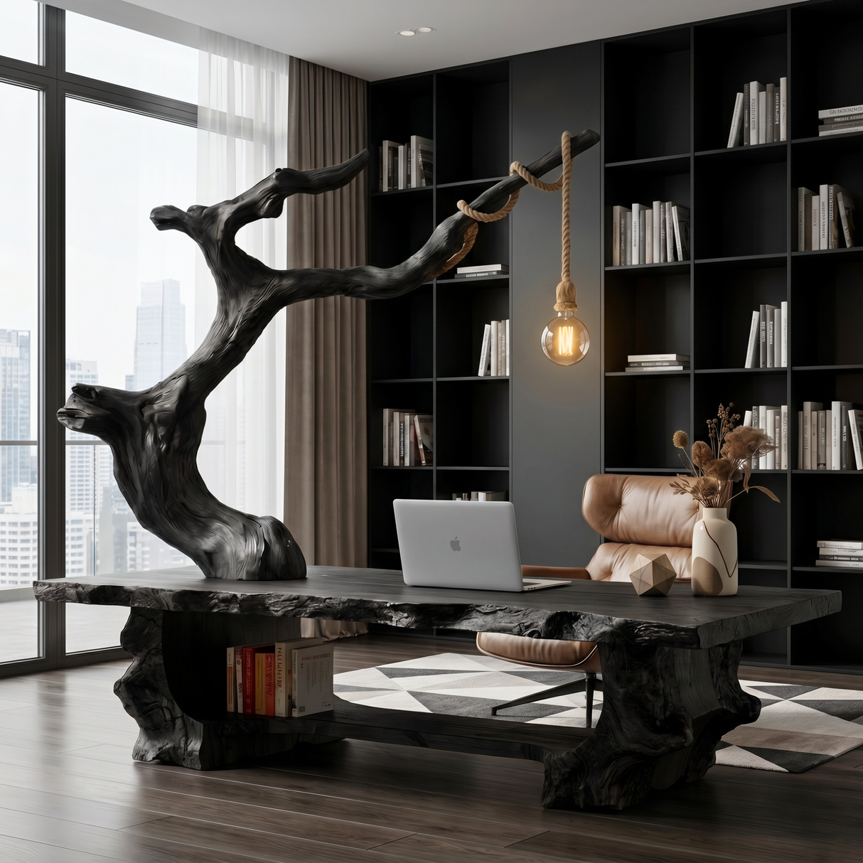 Solid Wood Sculptural Desk With Integrated Hanging Lamp Organic Modern Artistic Workspace Table