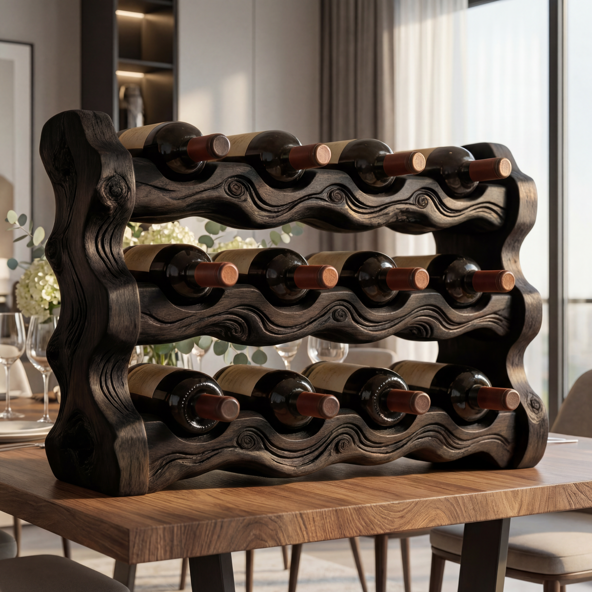Solid Wood Wine Rack Sculptural Wave Design Countertop Bottle Holder