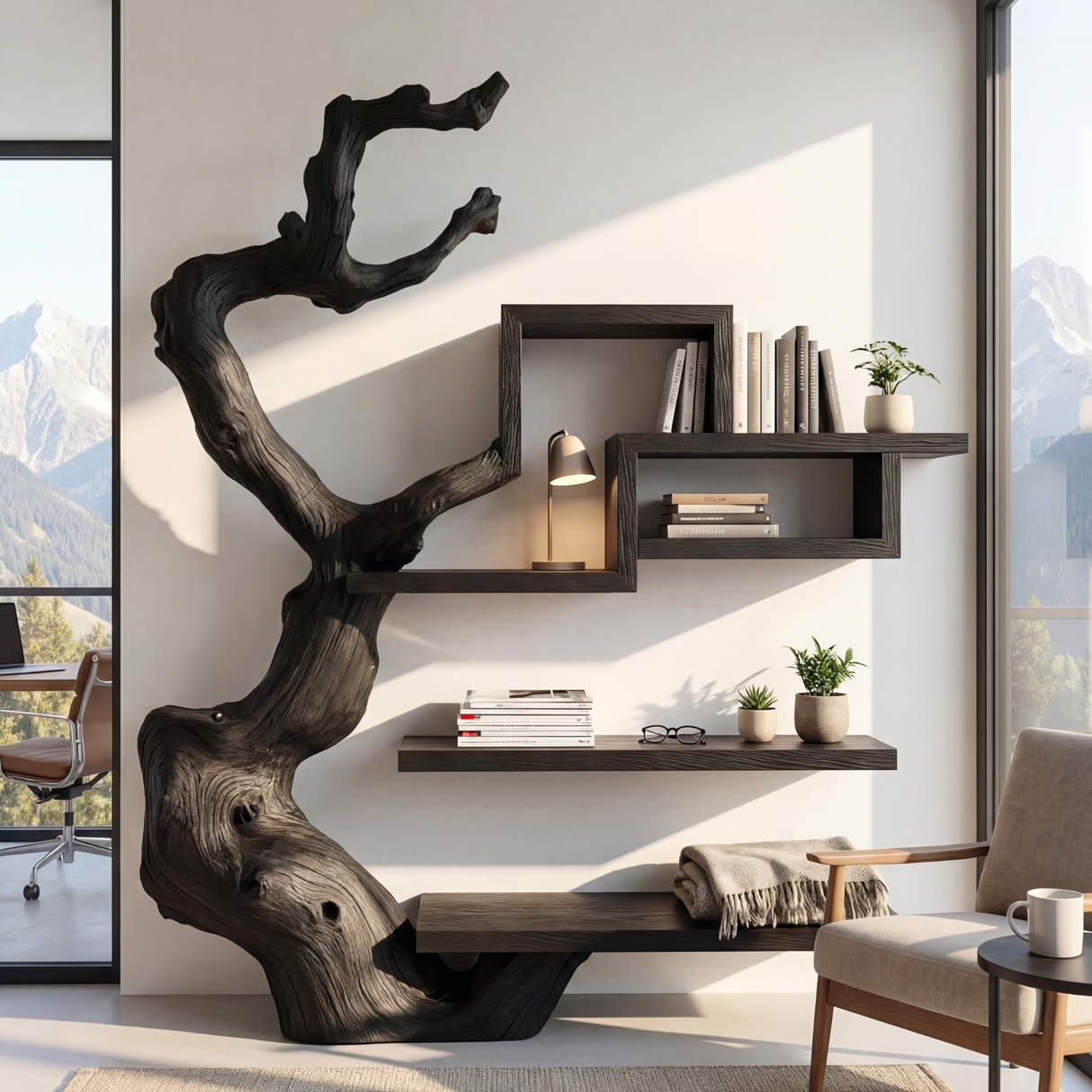 Organic Solid Wood Wall Bookshelf with Sculptural Tree Form Display Shelf