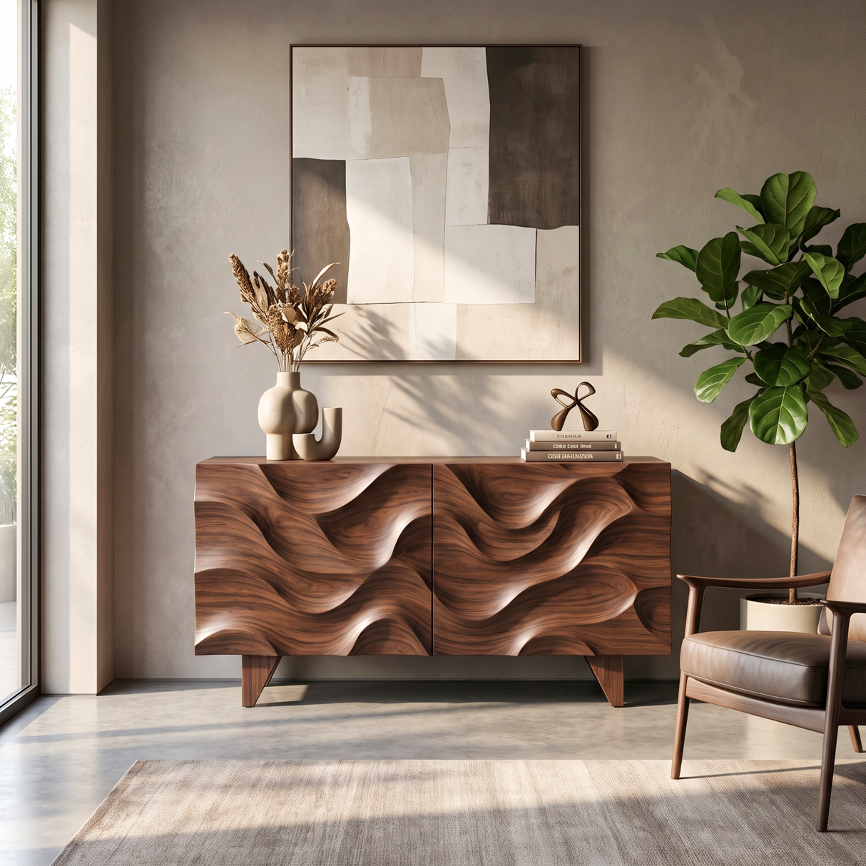 Sideboard Solid Wood with Sculptural Wave Carved Doors for Living Room Decor