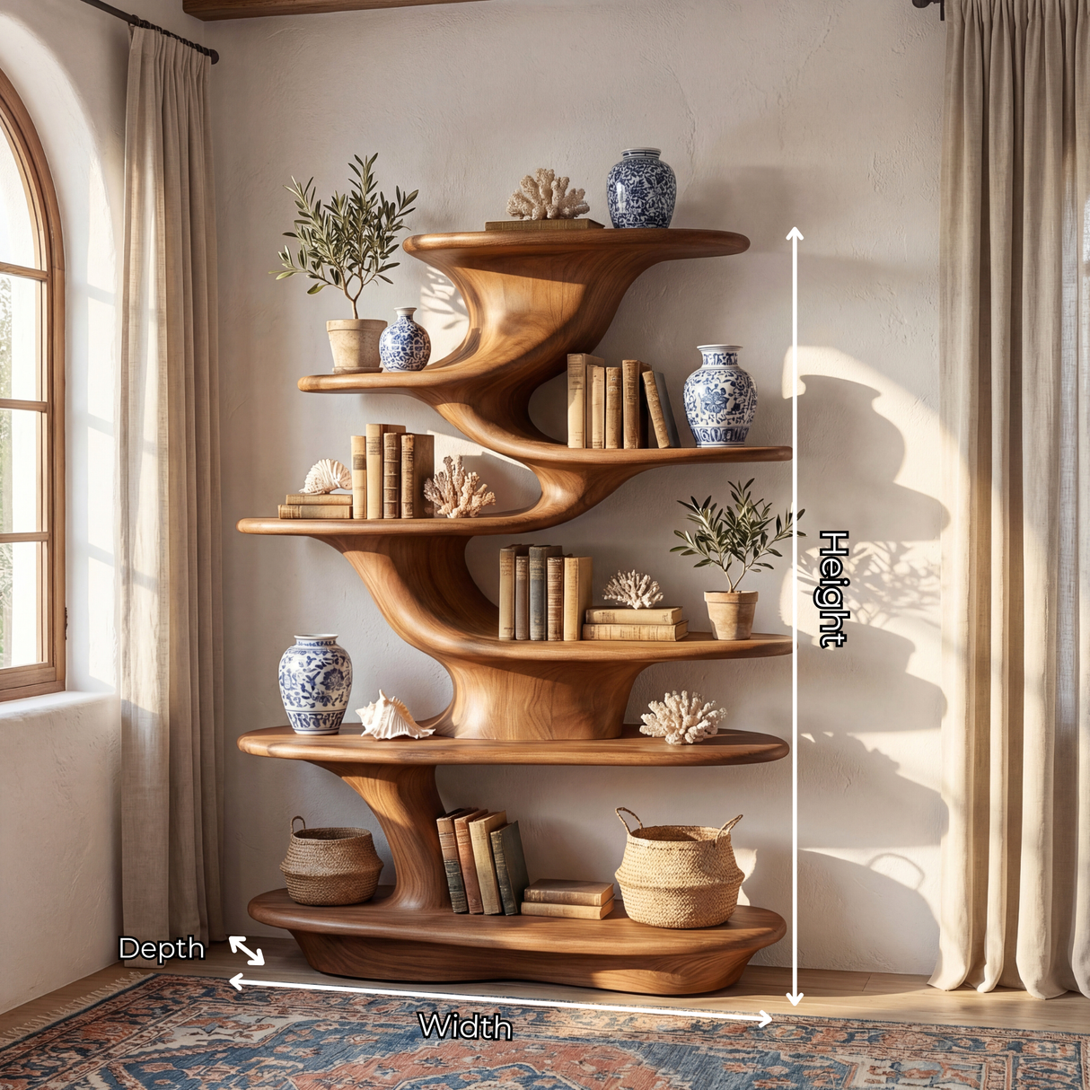 Cascade Form Wood Display Shelf with Sculpted Tiered Platforms