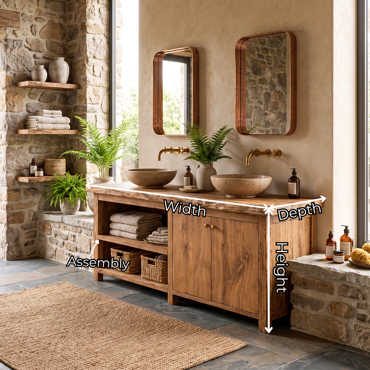 Bathroom Vanity Solid Wood with Double Sink and Open Shelf Storage for Rustic Bathroom