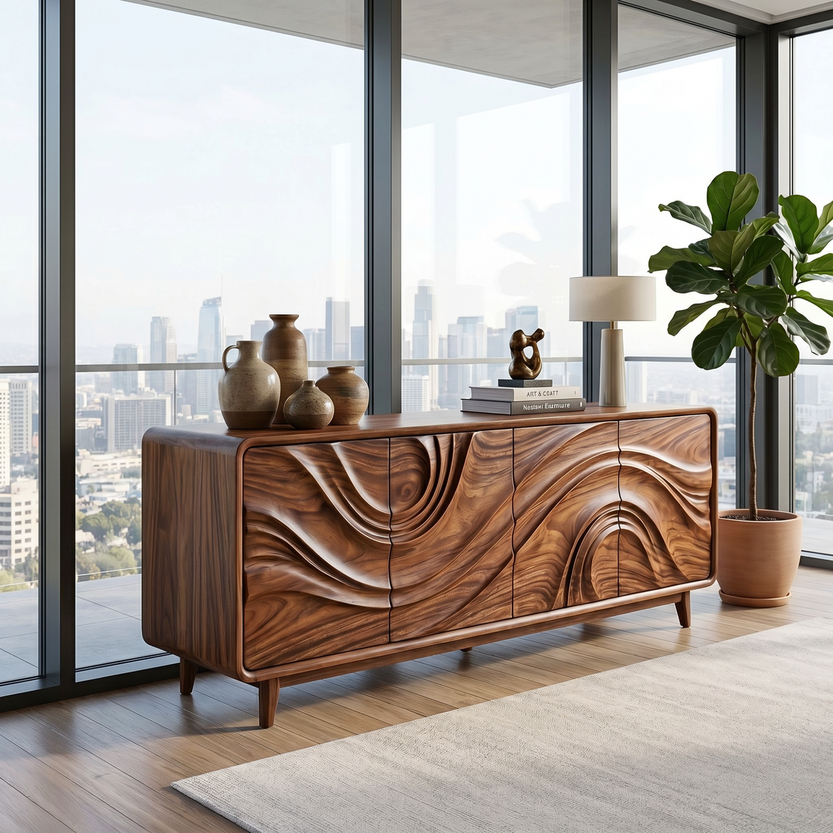 Solid Wood Four Door Media Sideboard with Sculpted Flow Front