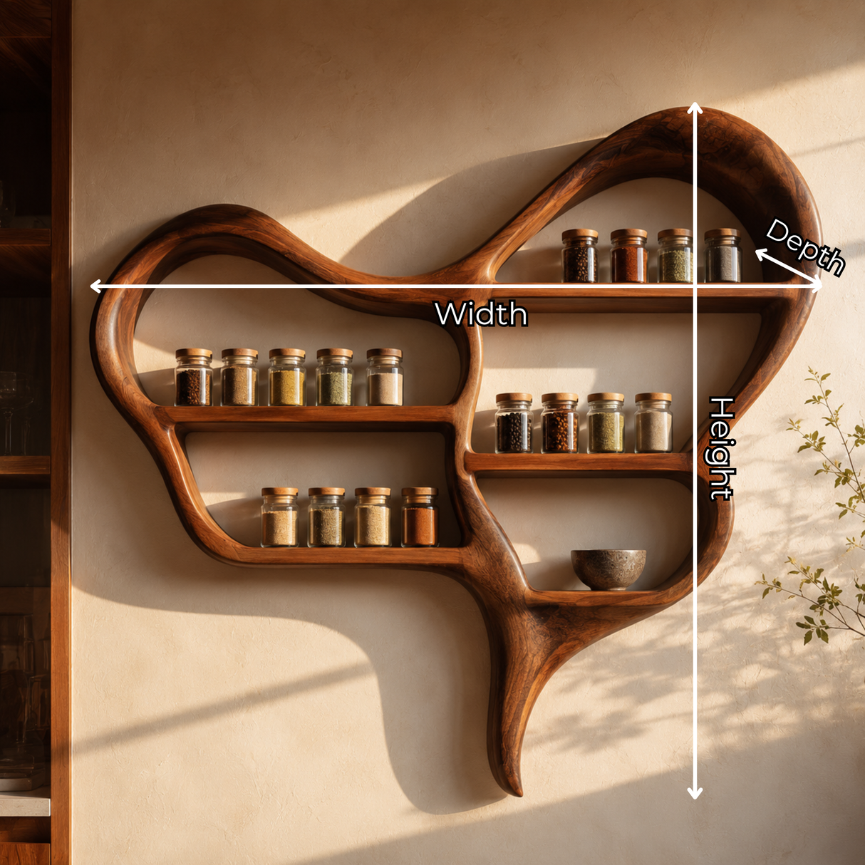 Organic Solid Wood Wall Spice Rack with Sculptural Open Shelf Design