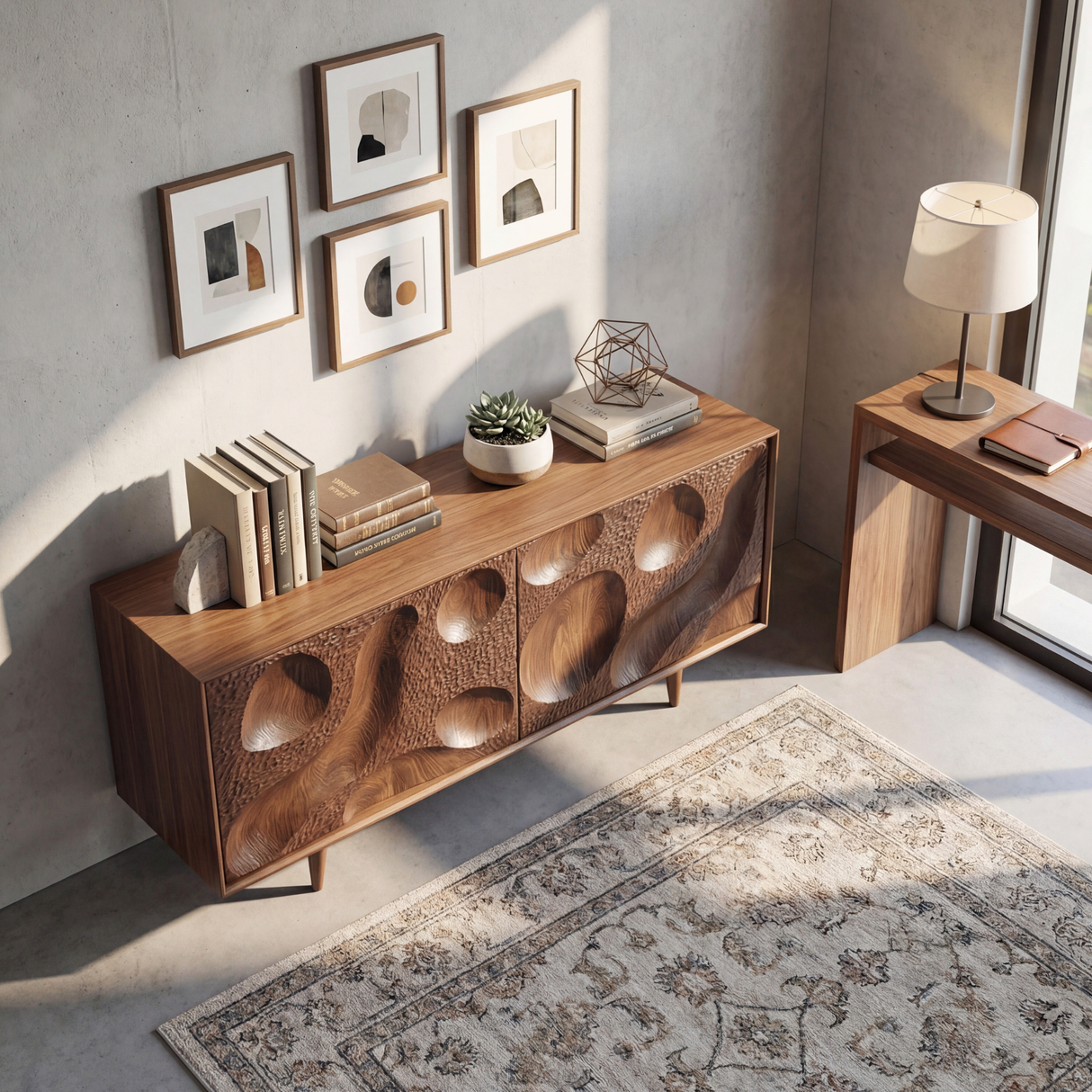 Solid Wood Sideboard with Hand Carved Crater Front