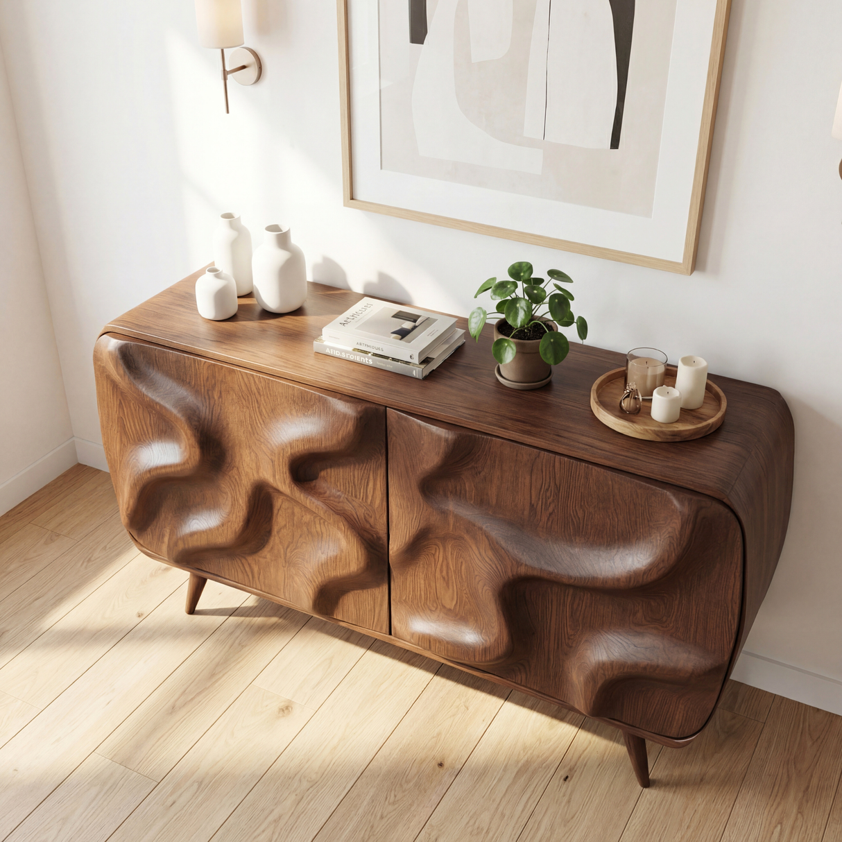 Sculpted Organic Wave Front Solid Wood Sideboard Cabinet