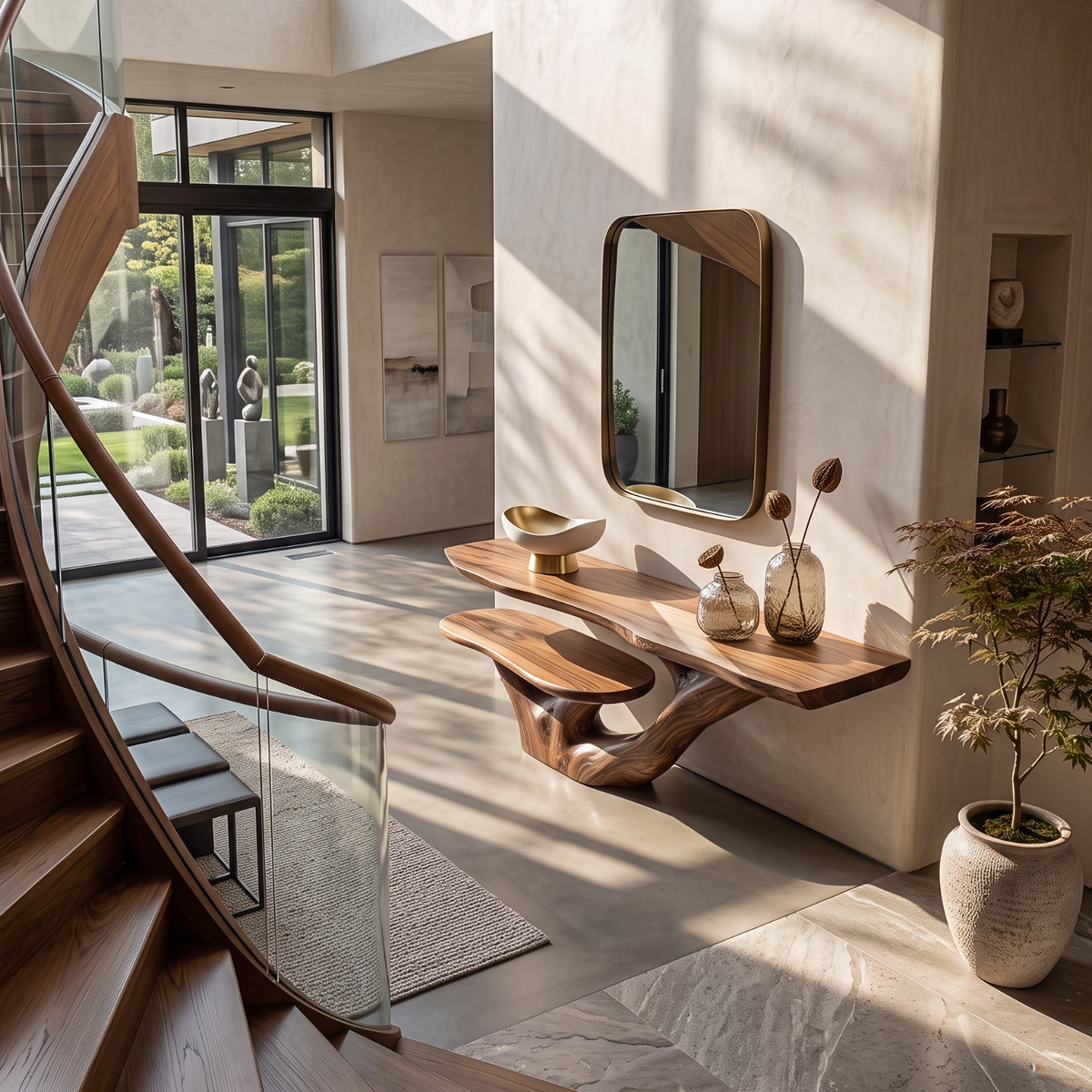 Console Table with Organic Branching Base and Floating Display Shelf