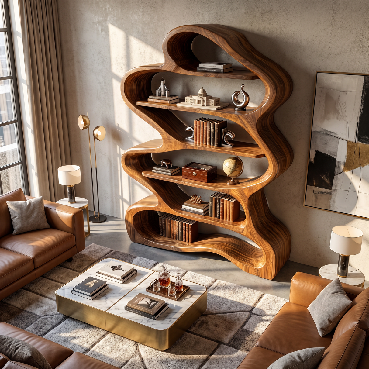 Bookshelf Solid Wood with Sculptural Layered Loop Frame and Open Display Shelves
