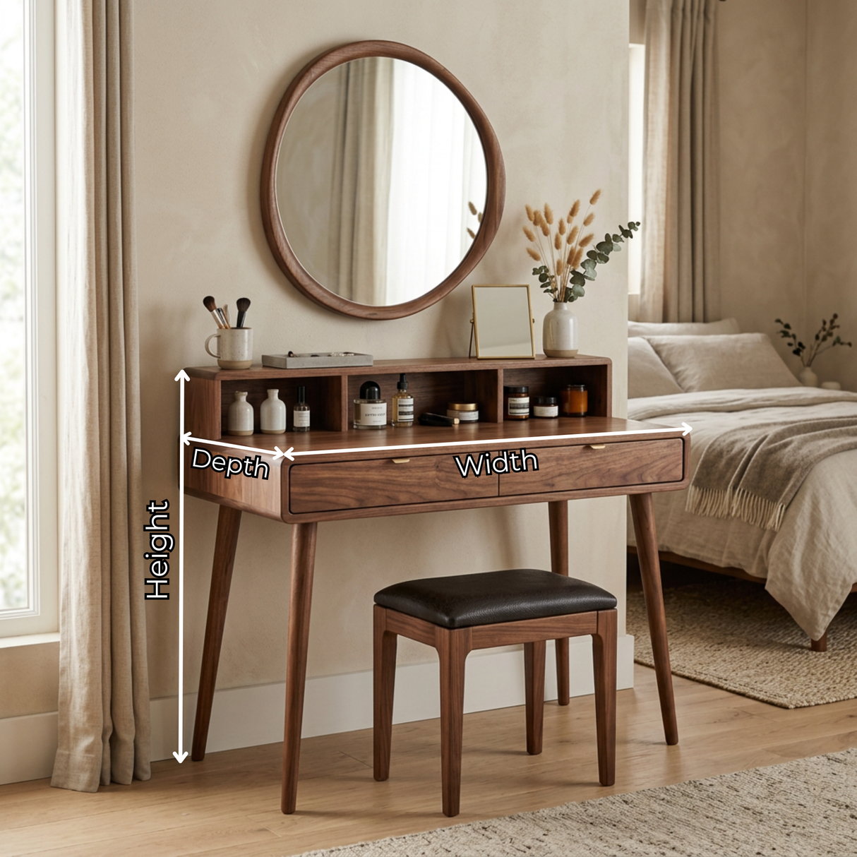 Mid-Century Solid Wood Vanity Desk with Open Hutch Shelf and Dual Drawer Storage