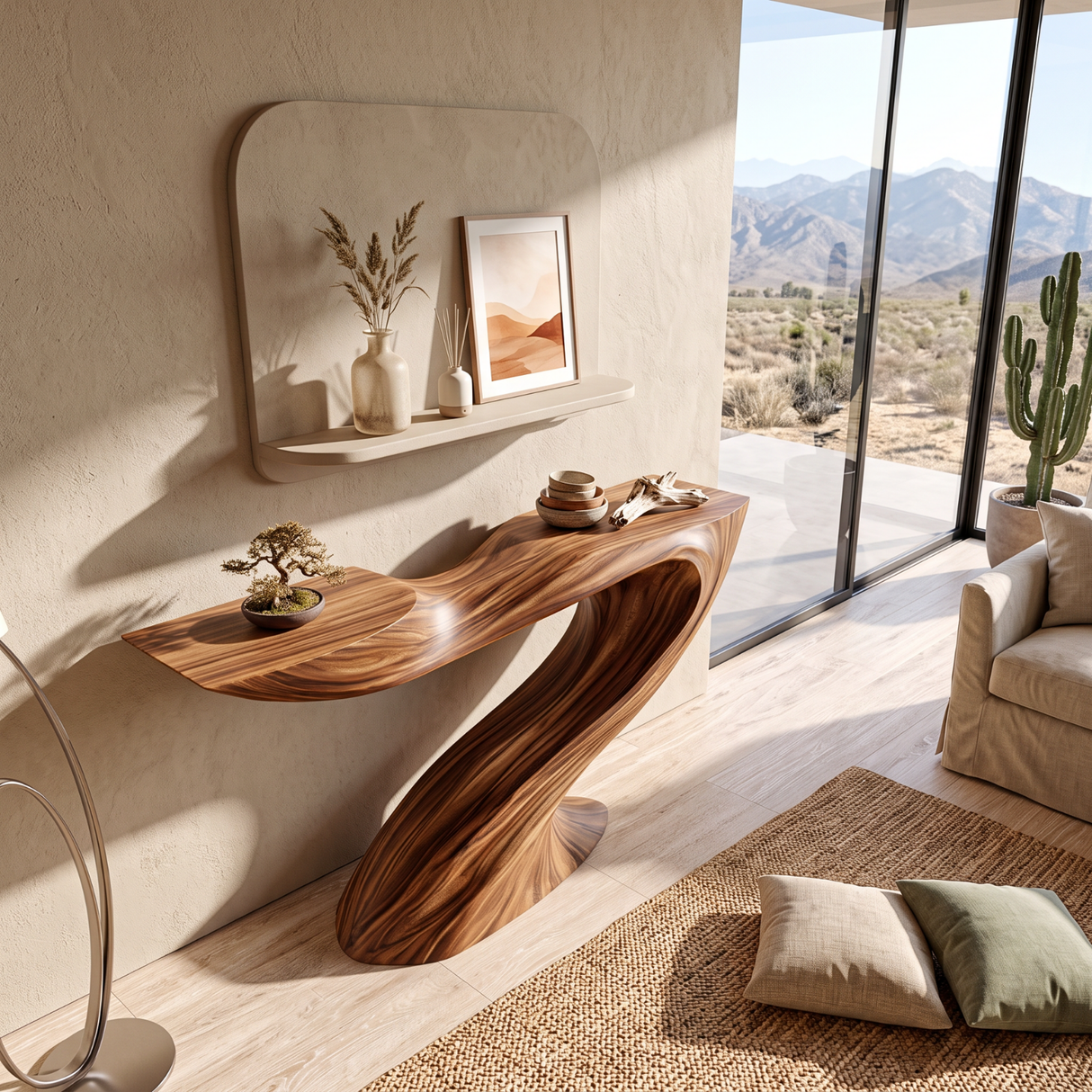 Console Table Solid Wood with Sculptural Swooping Pedestal for Entryway Decor