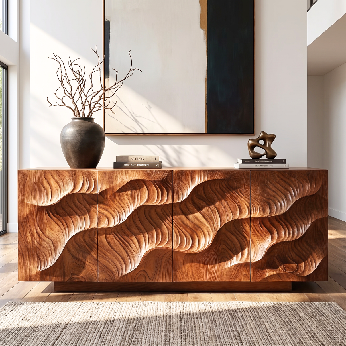 Sideboard Solid Wood with Sculptural Layered Dune Carved Doors for Living Room