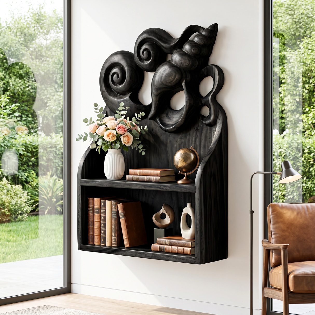 Seashell Carved Wood Wall Shelf for Bathroom Storage