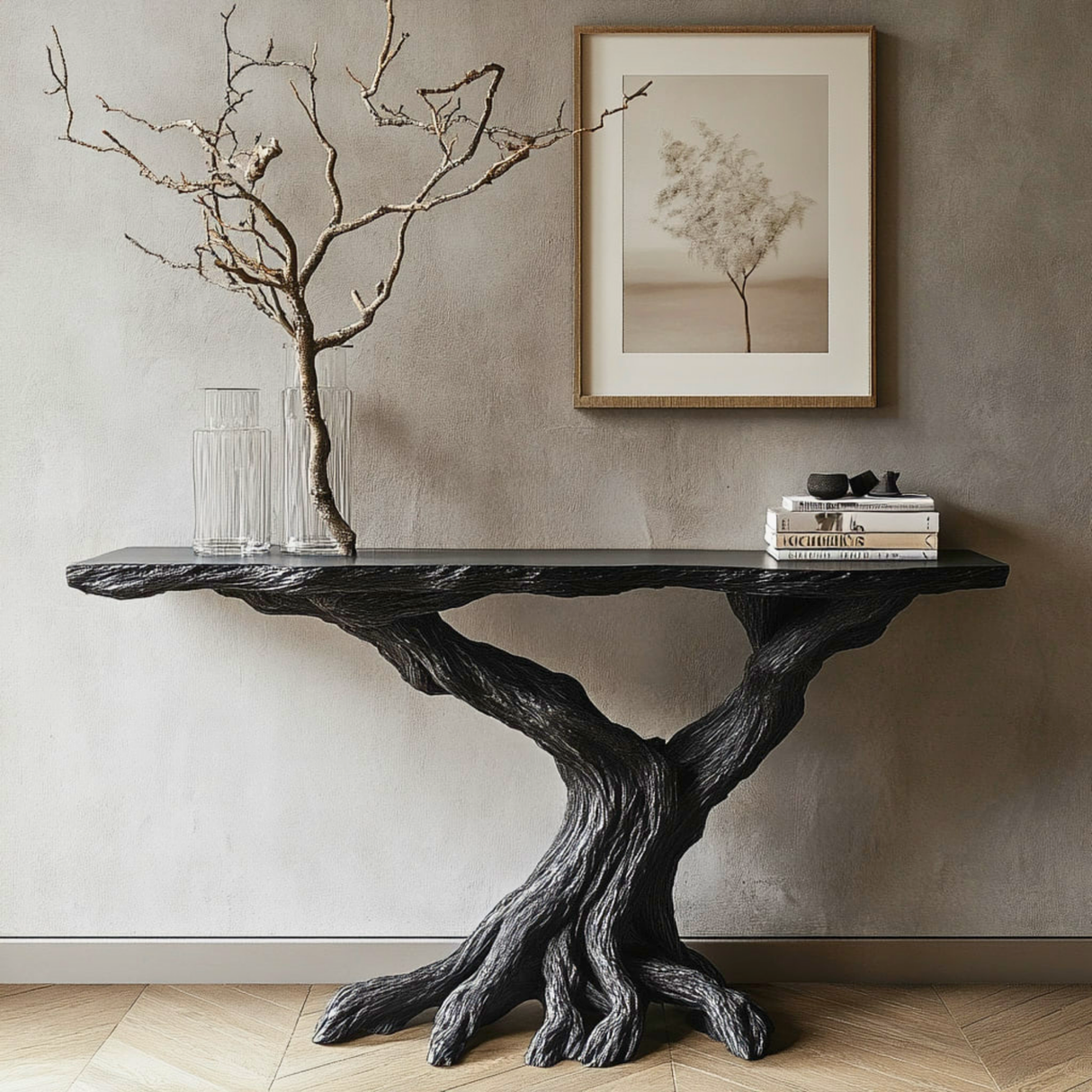 Sculptural Black Wood Console Table with Twisted Root Base