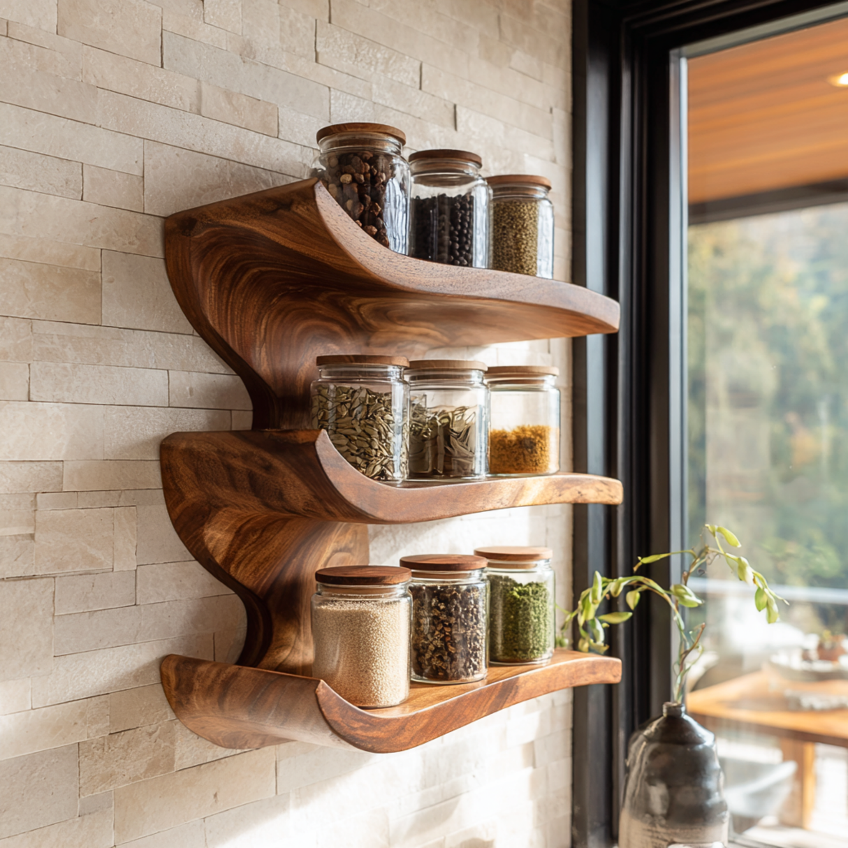 Solid Wood Three Tier Curved Spice Rack with Sculptural Wall Mounted Design