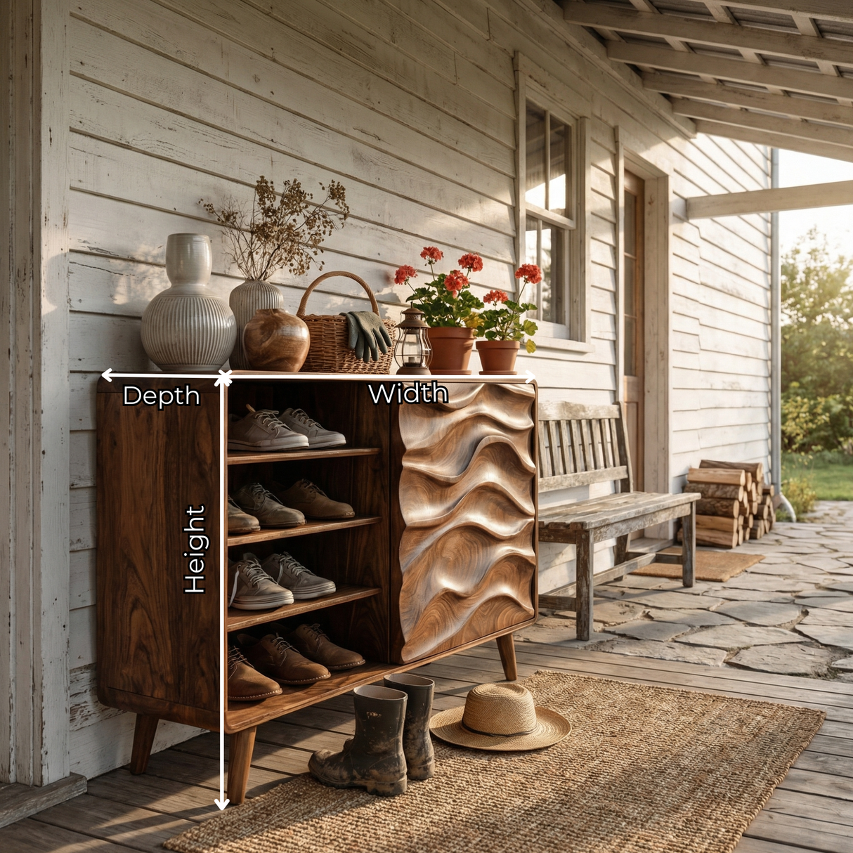 Handcrafted Solid Wood Shoe Cabinet with Wave Carved Sliding Door for Entryway