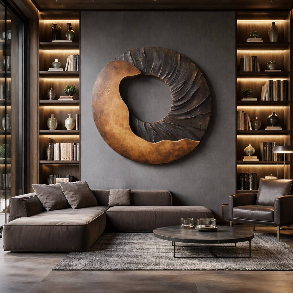 Modern Two Tone Solid Wood Round Wall Sculpture for Interior Art