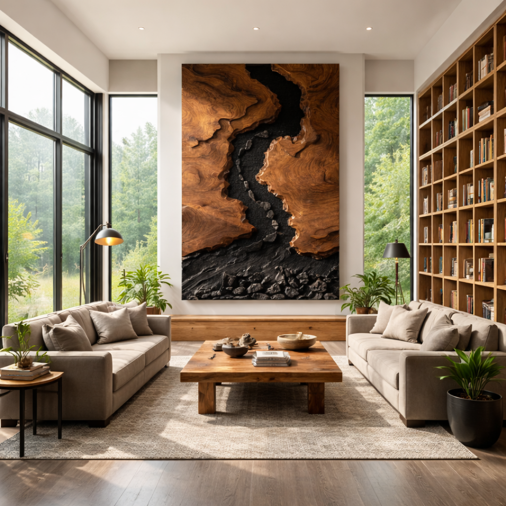 Large Solid Wood River Landscape Wall Sculpture for Modern Living Rooms