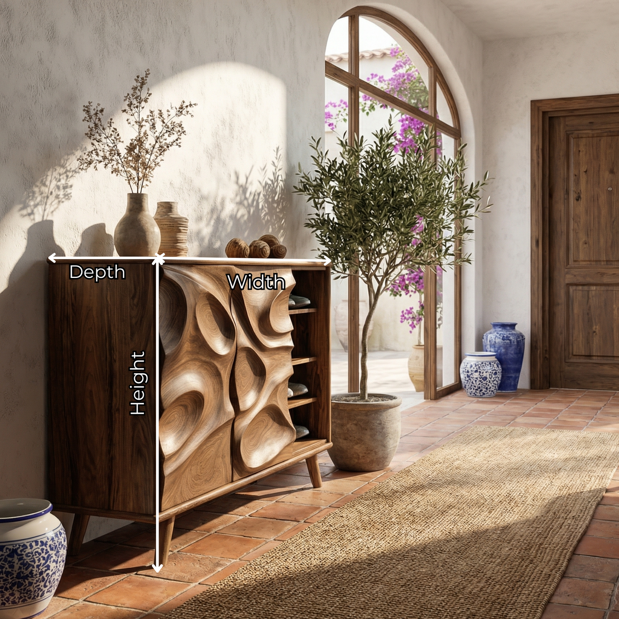Handcrafted Solid Wood Shoe Cabinet with Sculptural Carved Doors for Entryways
