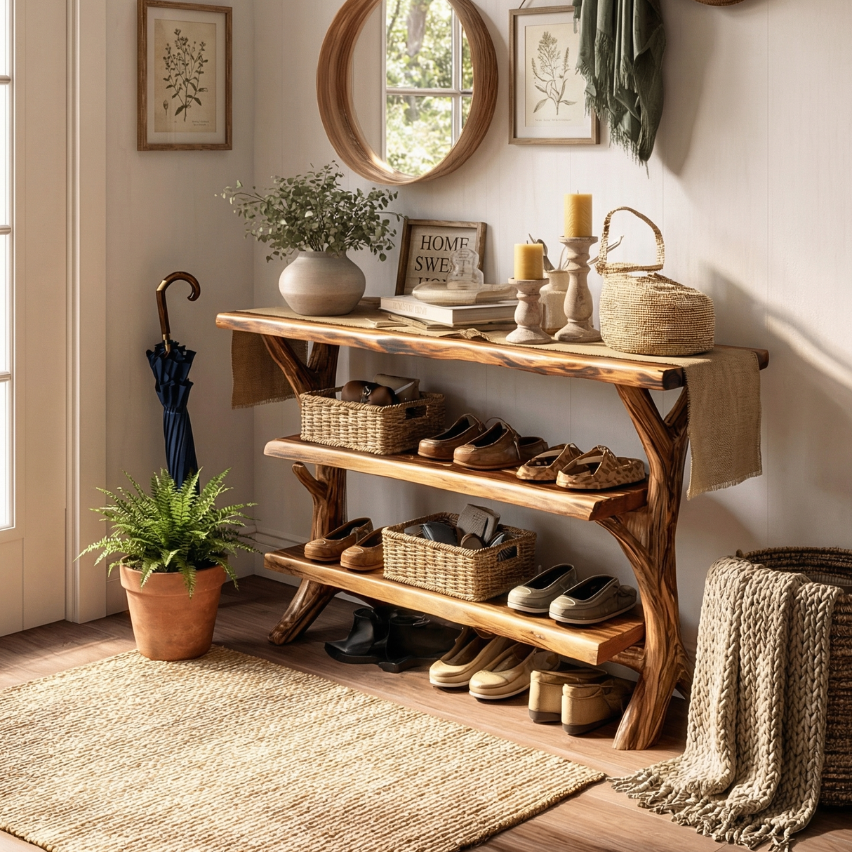 Handcrafted Solid Wood Shoe Rack Console with Open Shelving and Sculptural Branch Legs