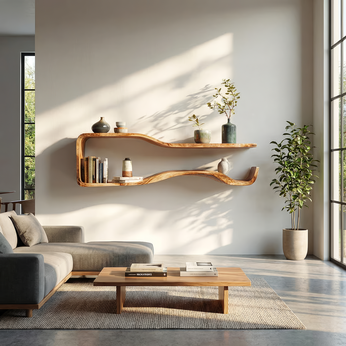 Organic Modern Solid Wood Floating Shelf with Wave Form