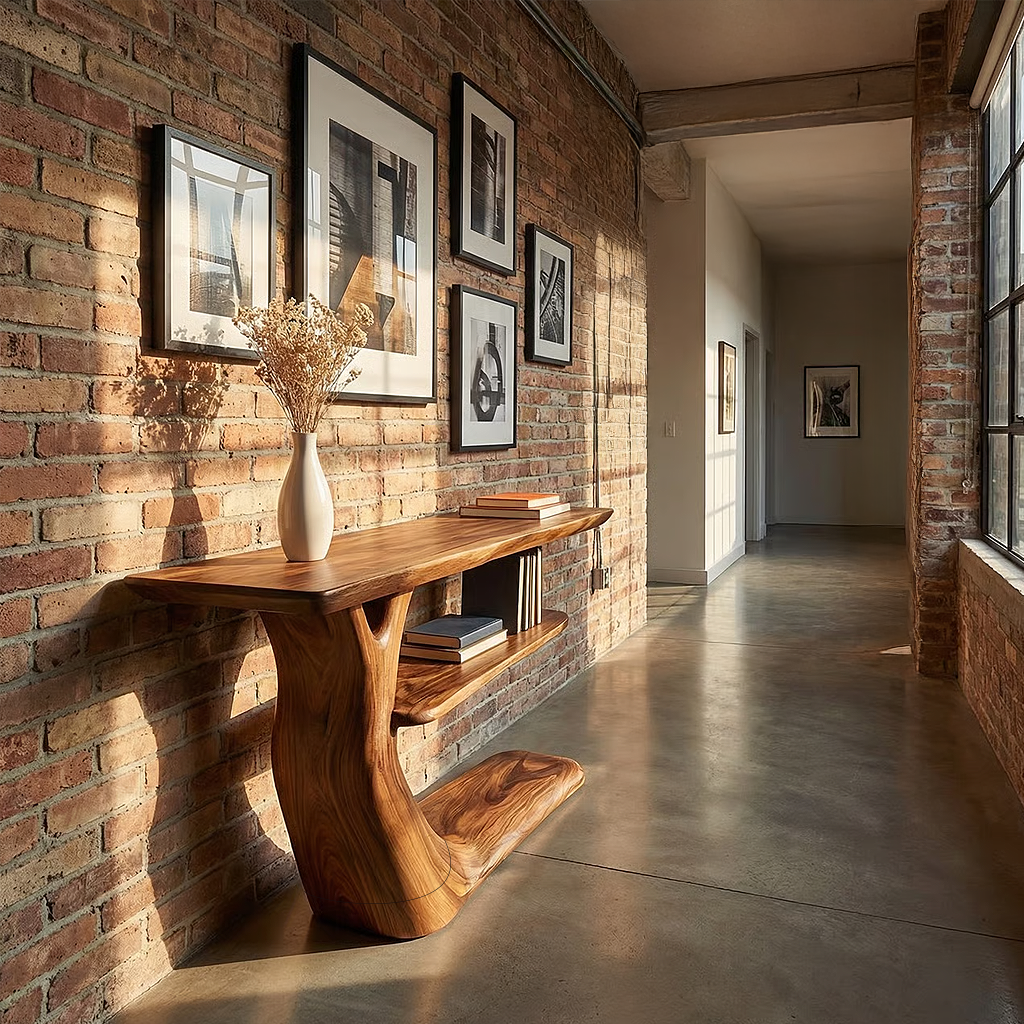Organic Solid Wood Entryway Console with Sculpted Base