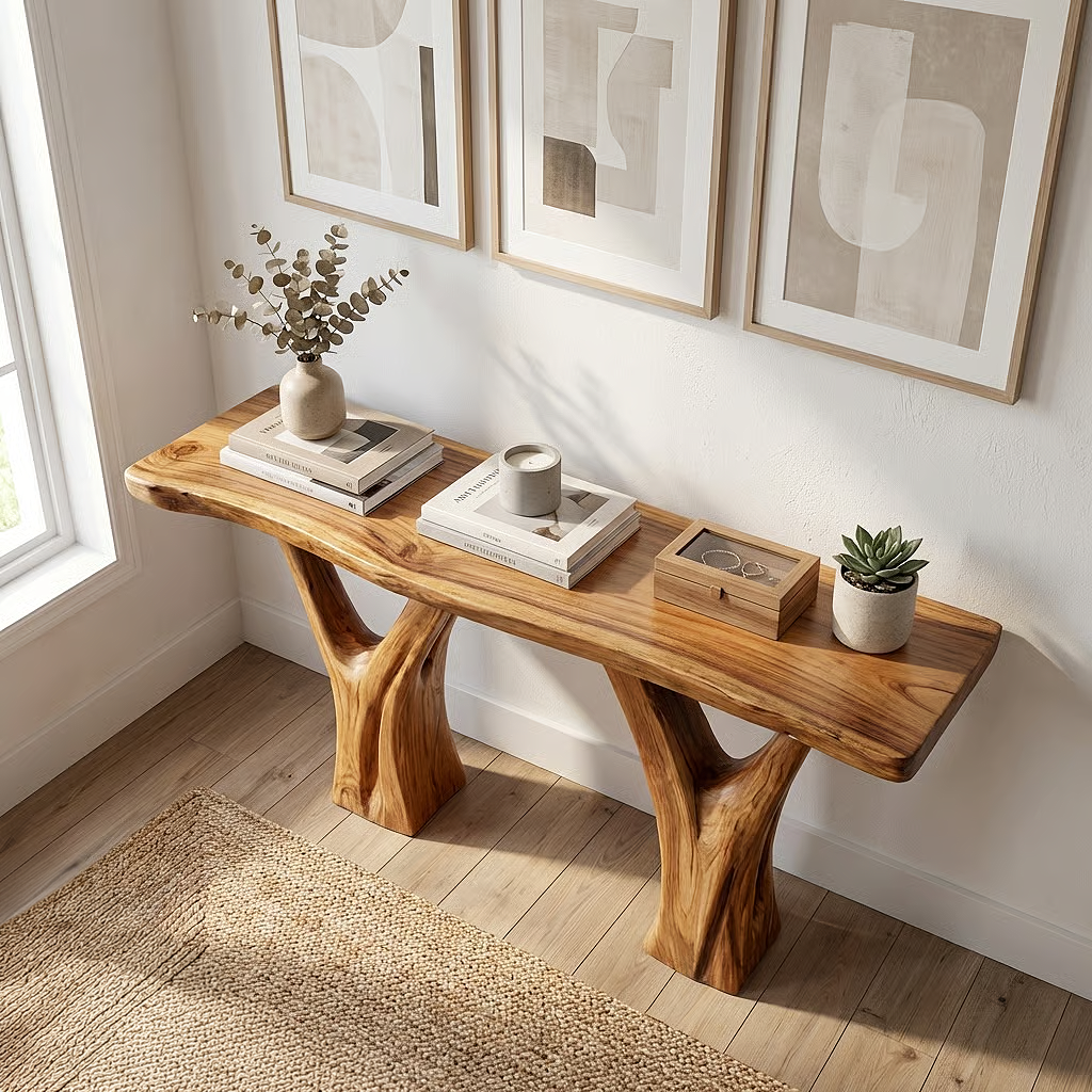 Live Edge Solid Wood Console with Tree-Inspired Base