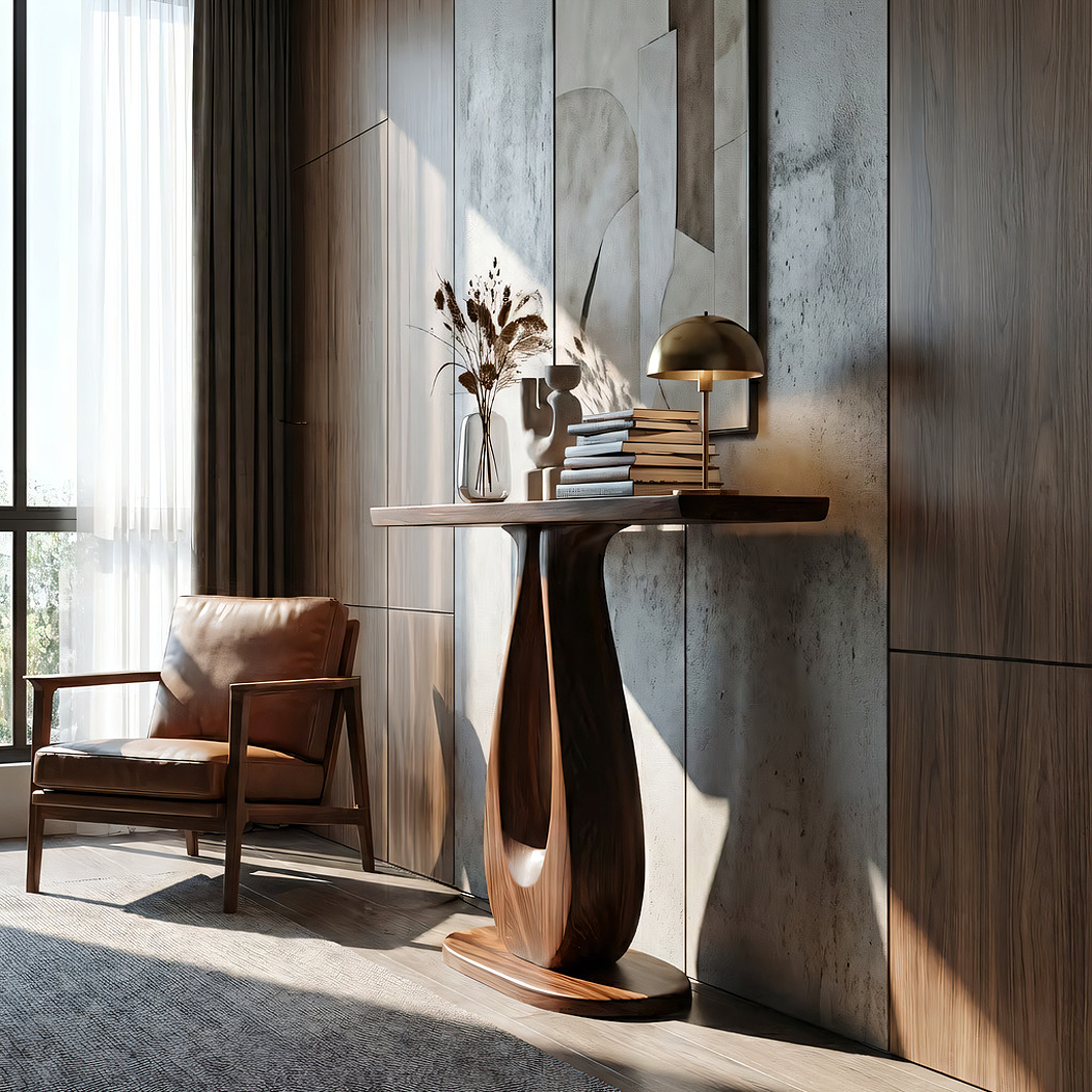 Sculptural Solid Wood Console Table with U-Shaped Pedestal Base
