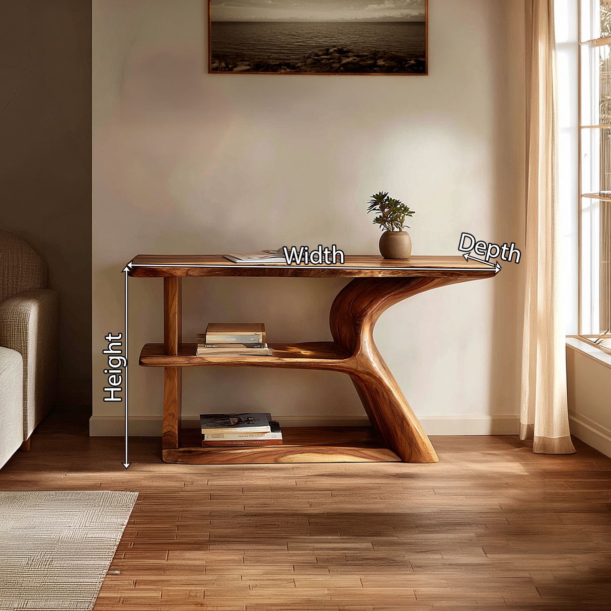 Modern Solid Wood Console Table with Sculpted Side Panel and Shelf