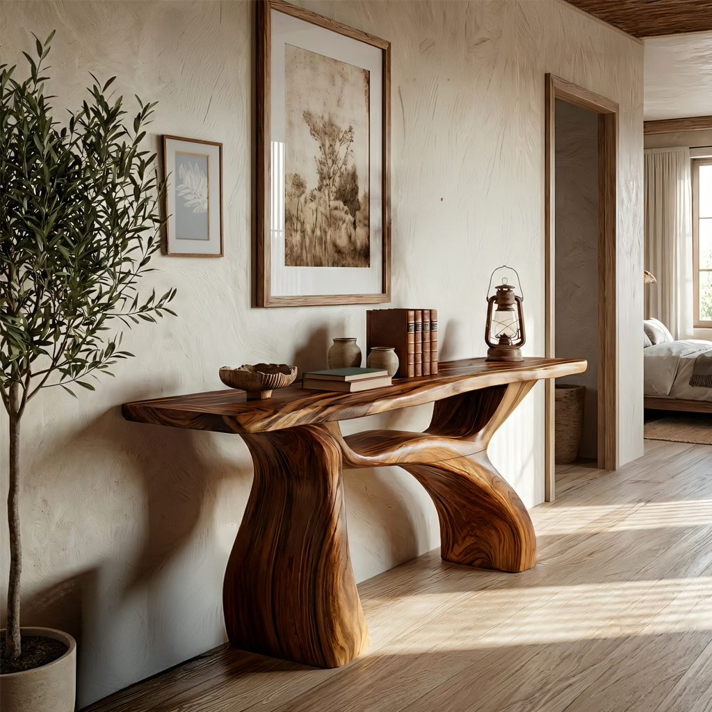 Sculptural Solid Wood Console Table with Organic Curved Base