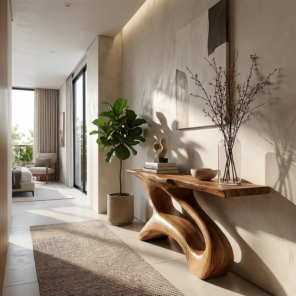Modern Sculptural Solid Wood Console Table with Open Curved Base