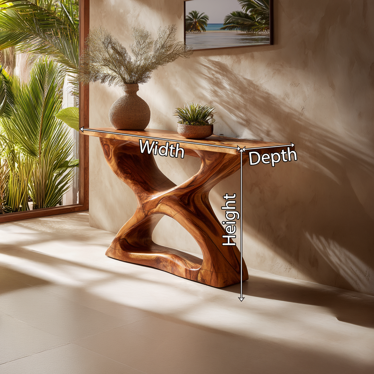 Handcrafted Natural Wood Console Table with Sculpted Base