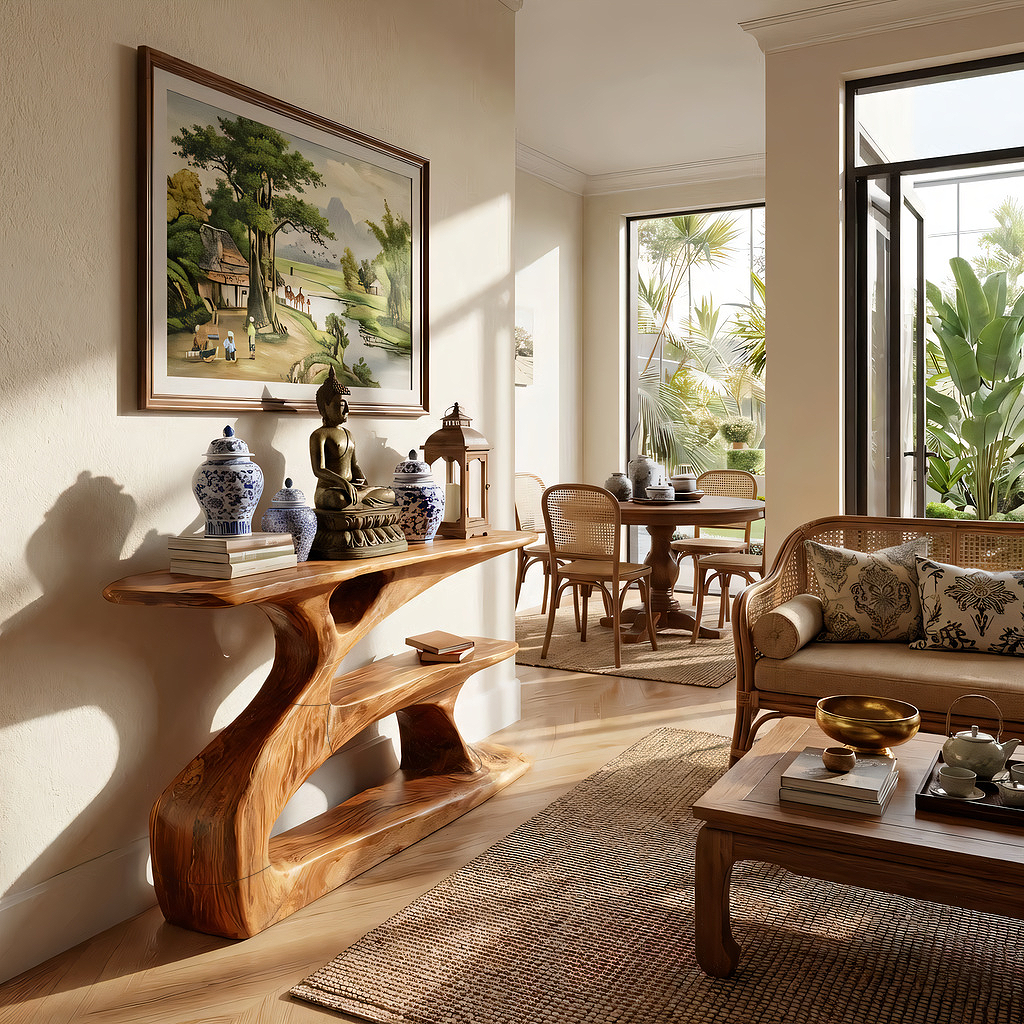 Sculptural Solid Wood Console with Integrated Shelf
