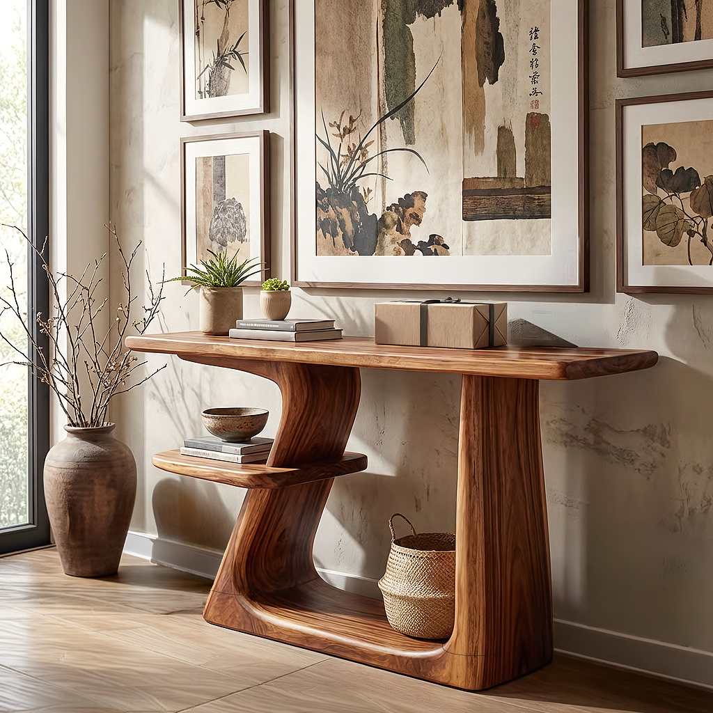 Organic Solid Wood Console Table with Sculpted Base