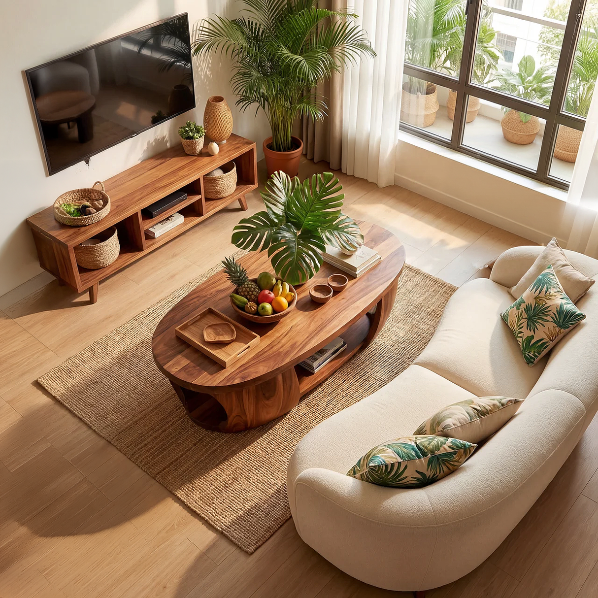 Solid Wood Oval Coffee Table with Sculptural Base