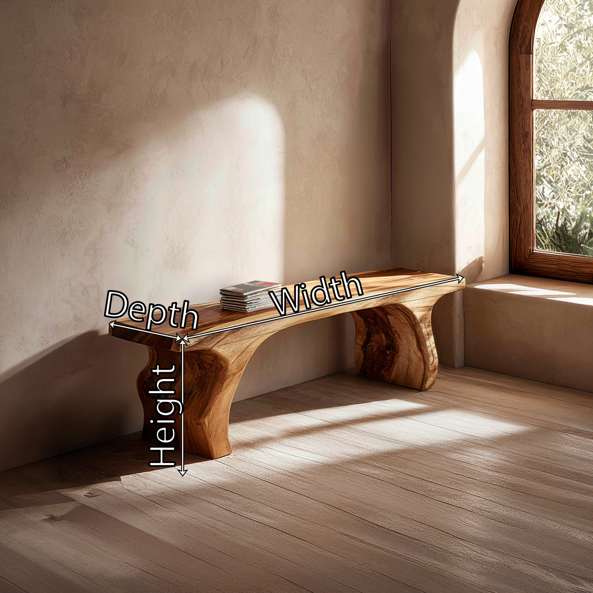 Organic Curved Solid Wood Bench for Minimalist Interior Seating