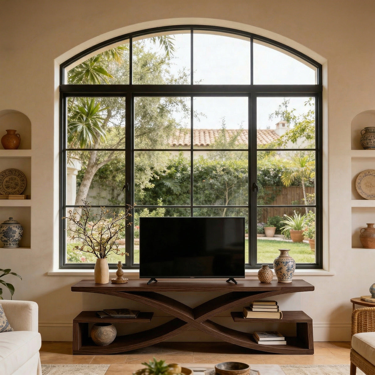 Sculptural Solid Wood TV Console with Curved Base