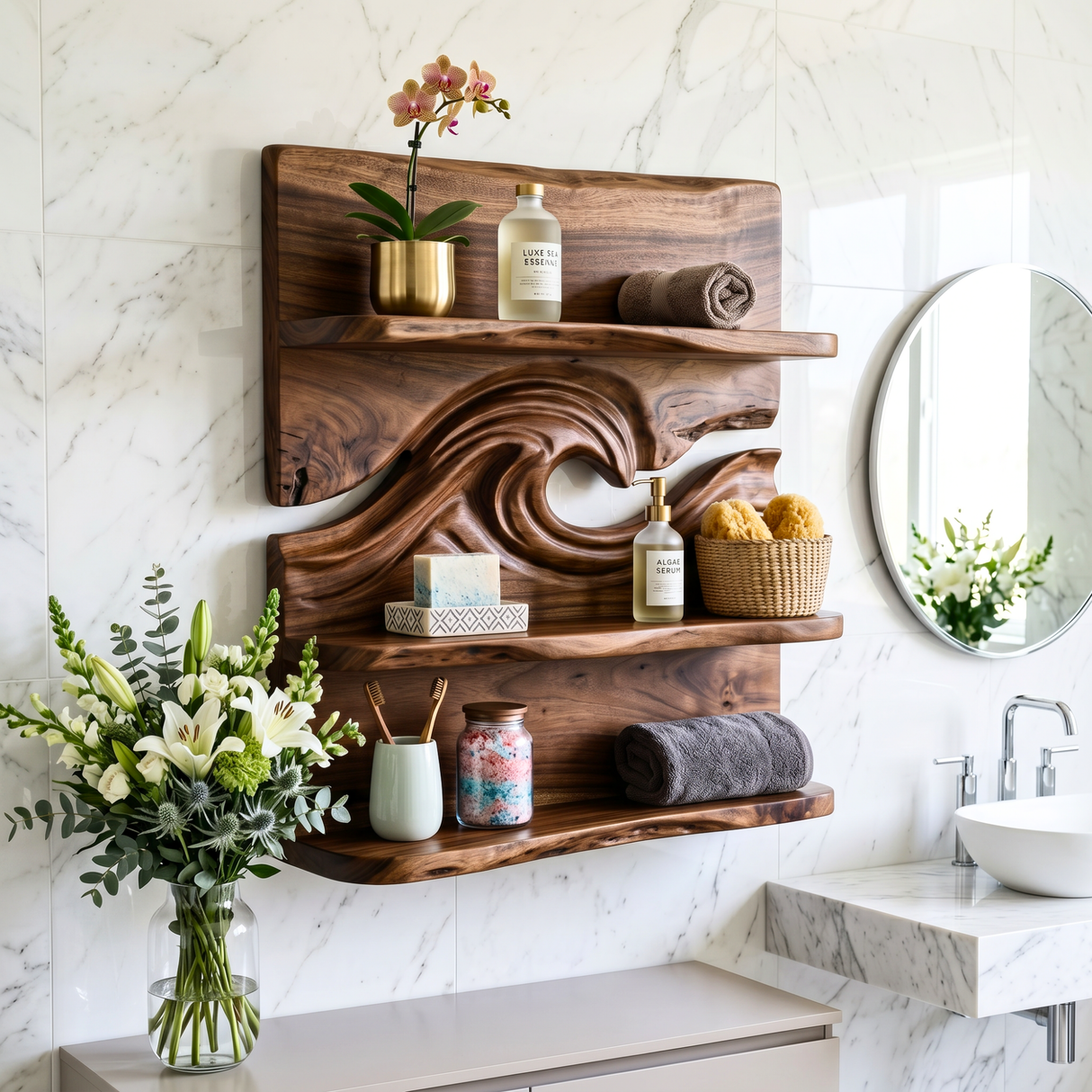 Ocean Wave Wood Wall Shelf with Three Display Tiers