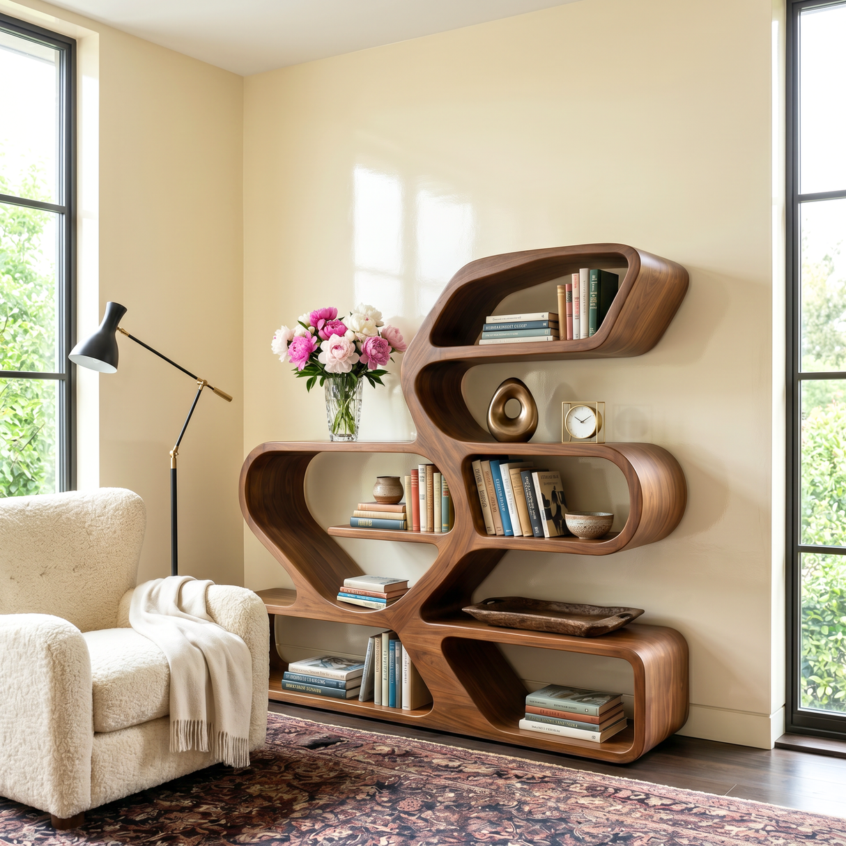Organic Solid Wood Bookshelf with Flowing Freeform Shelves