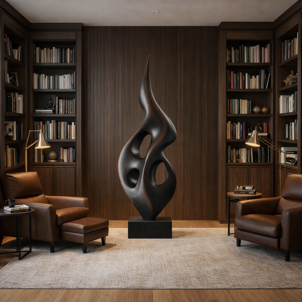 Tall Openwork Solid Wood Flame Sculpture with Plinth for Modern Living Rooms