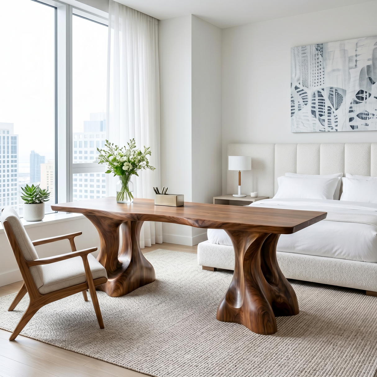 Organic Solid Wood Desk with Sculptural Twin Pedestal Base