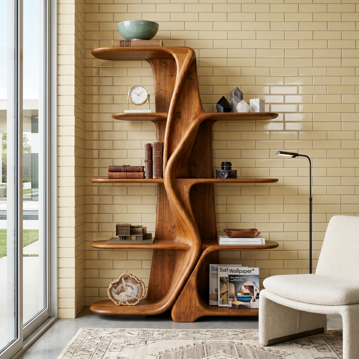 Organic Solid Wood Kitchen Display Shelf with Flowing Center Support