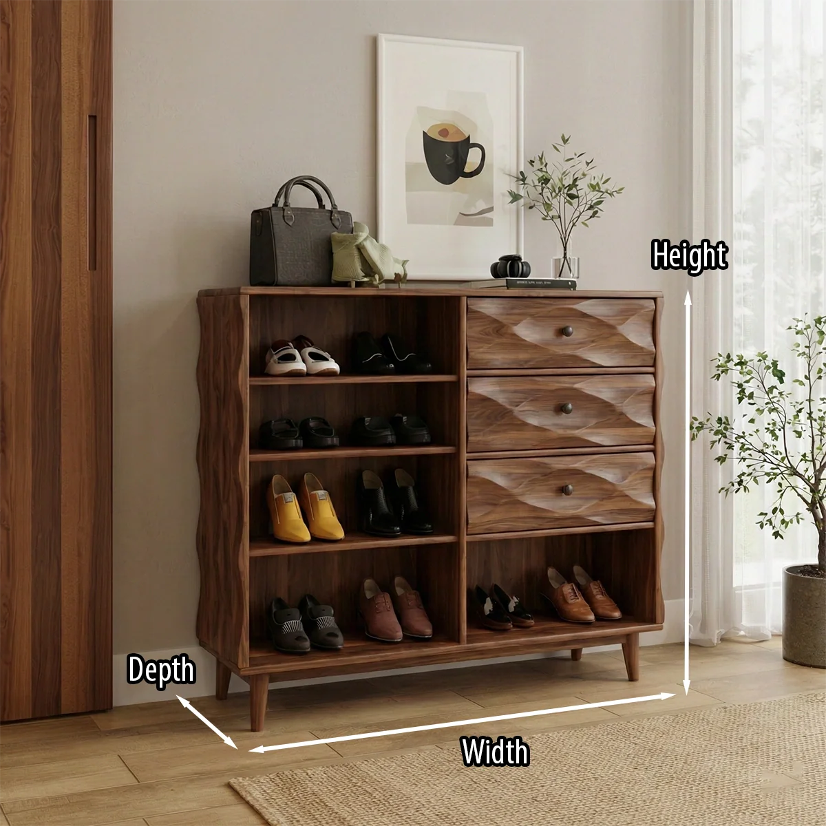 Modern Solid Wood Shoe Storage Cabinet with Drawers and Open Shelves Mid-Century Entryway Organizer