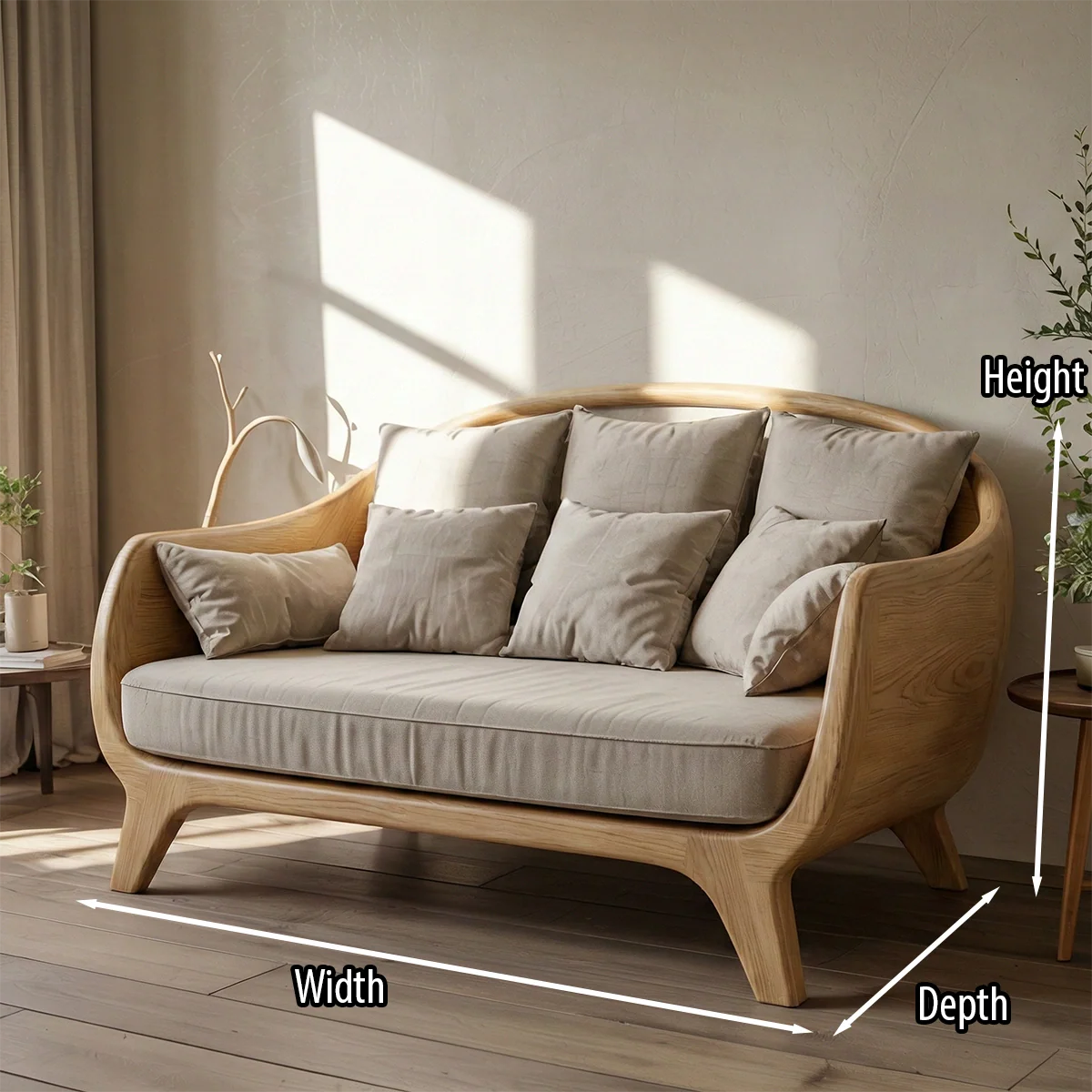 Luxury Curved Solid Wood Sofa Sculptural Scandinavian Style Upholstered Couch