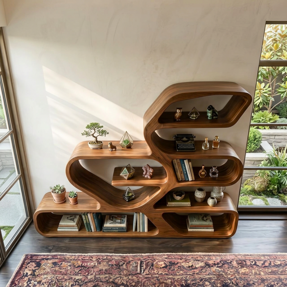 Organic Solid Wood Bookshelf with Flowing Freeform Shelves