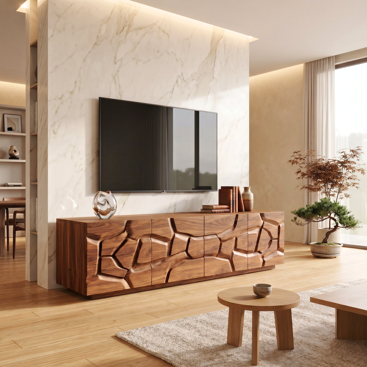 Solid Wood TV Console with Geometric Carved Door Fronts