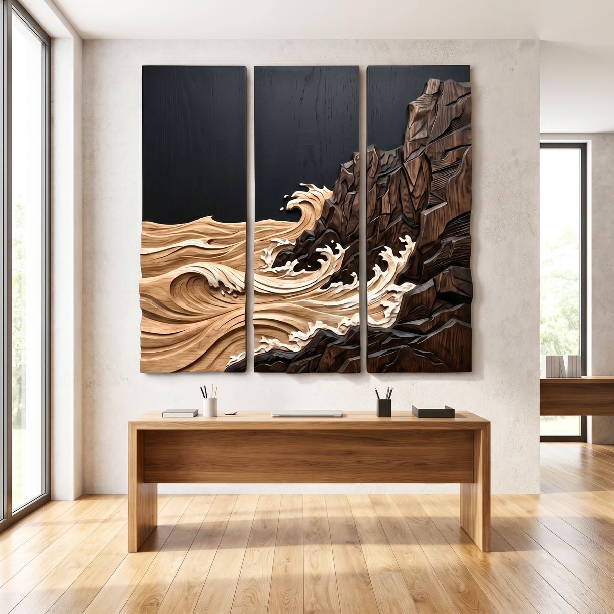 Rocky Shoreline Wave Triptych Wood Wall Sculpture