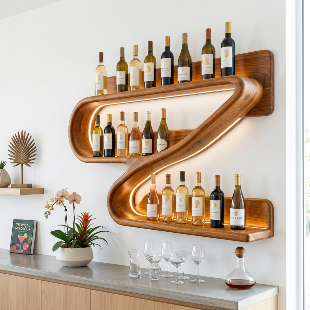 Modern Z-Shaped Solid Wood Wall Wine Rack